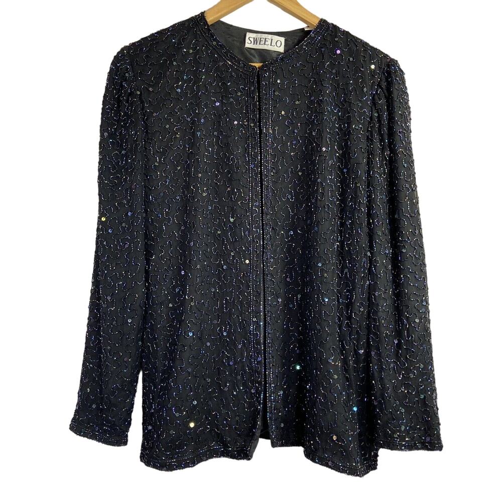 Swee Lo Cardigan Blouse Jacket Sz M Vintage Iridescent Silk Sequins Beaded 80s